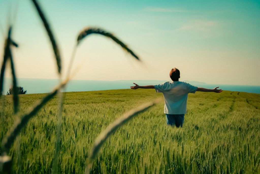 Come creare una routine di benessere sostenibile A person with outstretched arms in a lush green field under a clear blue sky in Bursa, Türkiye.