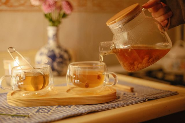 Tisane e infusi: le erbe nella tradizione e come scegliere quelle buone Cozy indoor scene of tea being poured into glass cups with a floral arrangement in the background.
