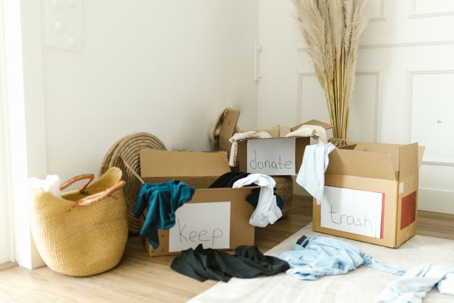 Ordine in casa e ordine nella testa: da dove cominciare Cardboard boxes labeled 'Keep', 'Donate', and 'Trash' for home decluttering.